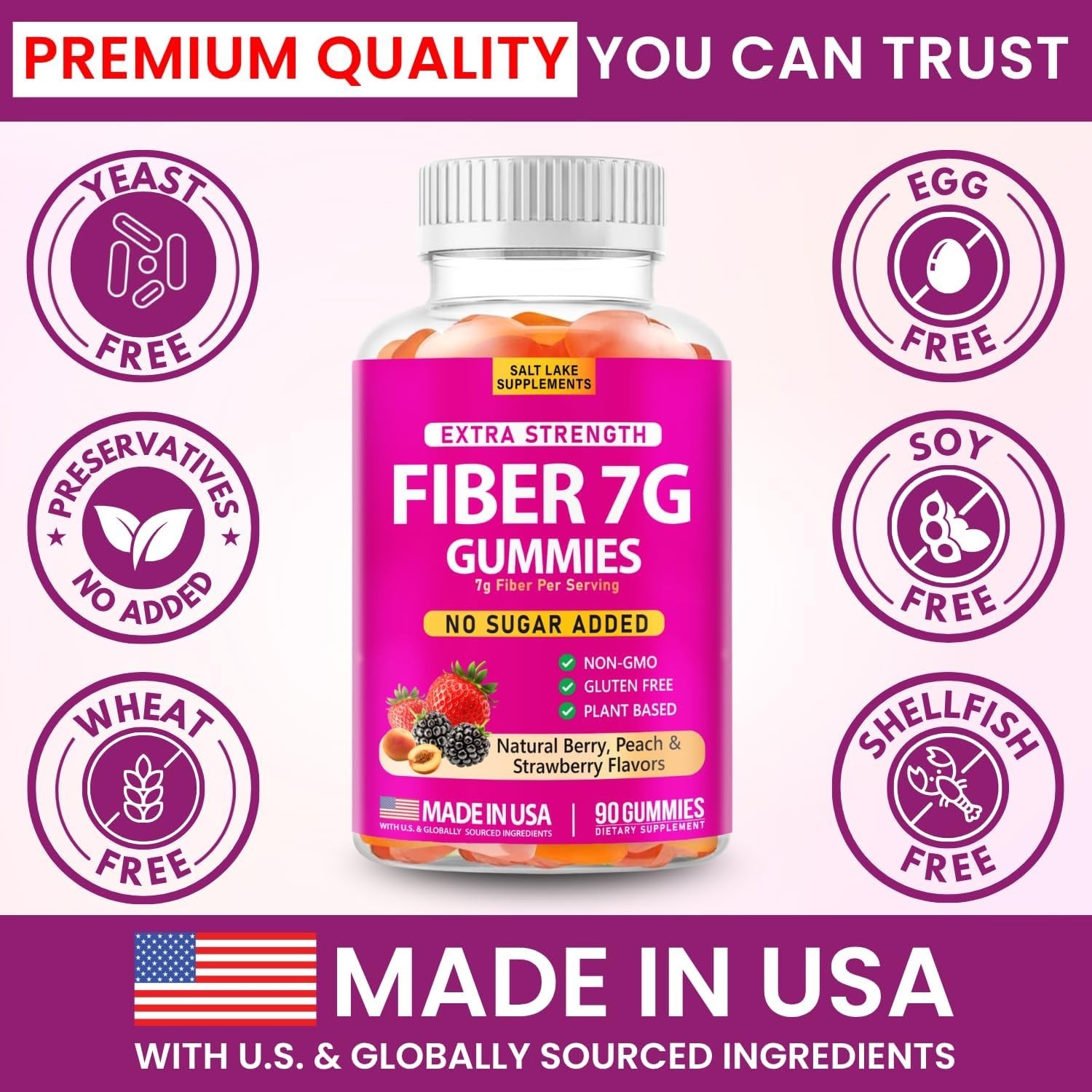 Slat Lake Supplement Extra Strength Fiber Gummies 7g Per Serving – 90 Count