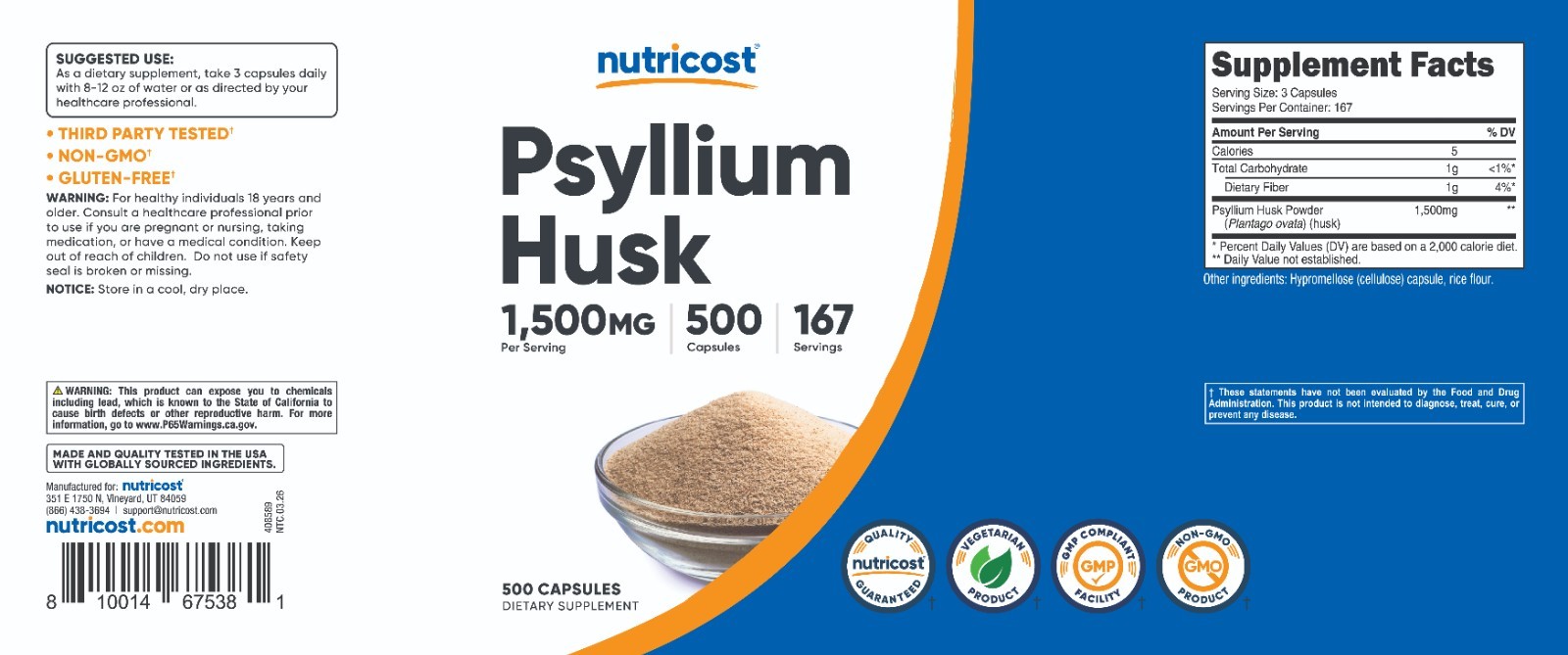 Nutricost Psyllium Husk 1500mg Per Serving, 500 Capsules – Non-GMO & Gluten Free