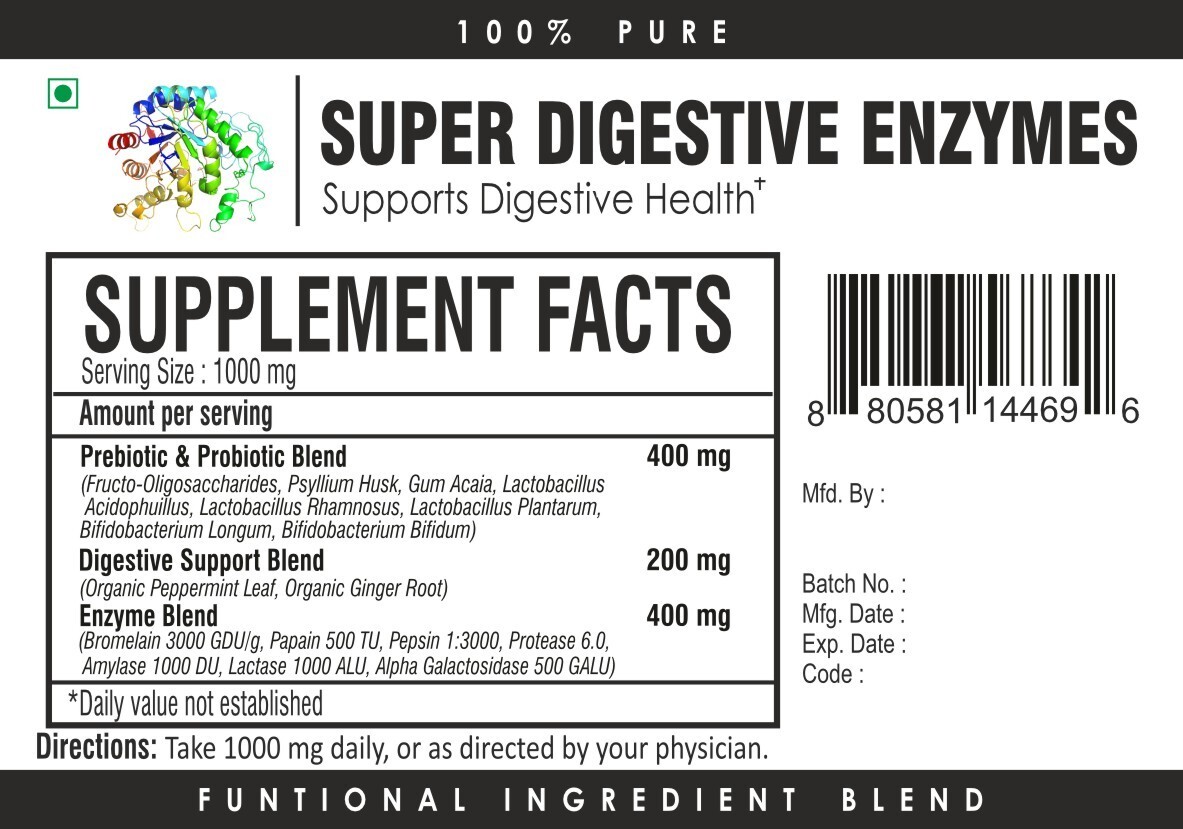Super Digestive Enzymes with Prebiotics, Probiotics, Protease, Amylase, Lactase