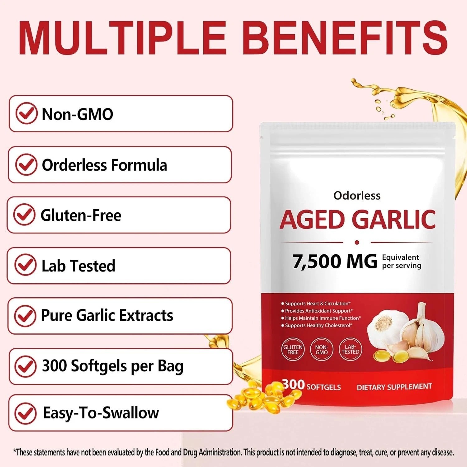 Odorless Garlic 7500Mg per Servings, 300 Softgels | 2 Years Aged Garlic Extra..