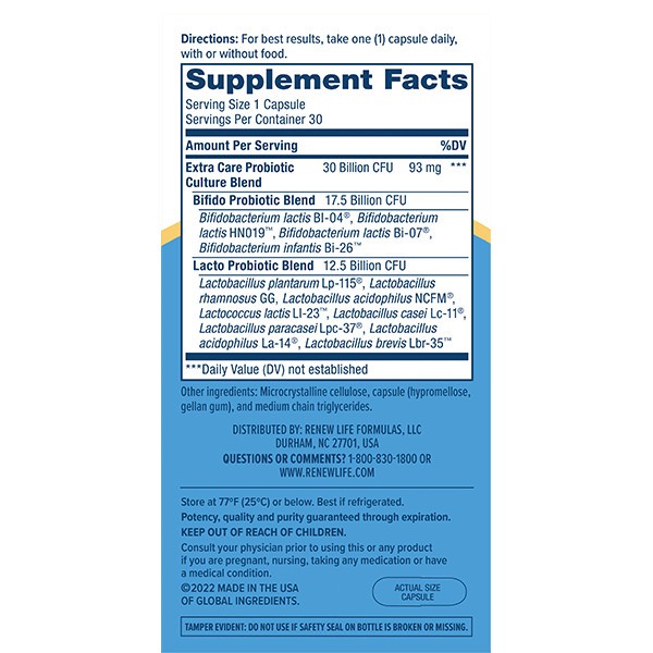 Renew Life Extra Care Ultimate Flora Probiotic Strains Supplement Capsules 30 Ct