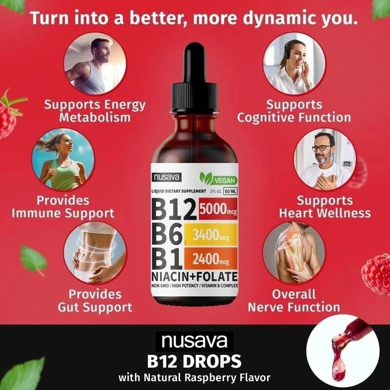(2-Pack) Nusava B12 Drops 5000mcg – Vegan Liquid Supplement – Raspberry