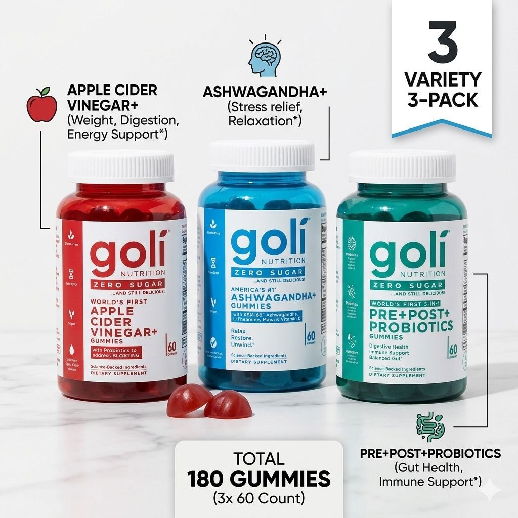 Goli Nutrition Zero Sugar Best Seller Trio 3-Pack – ACV, Ashwagandha, Probiotics