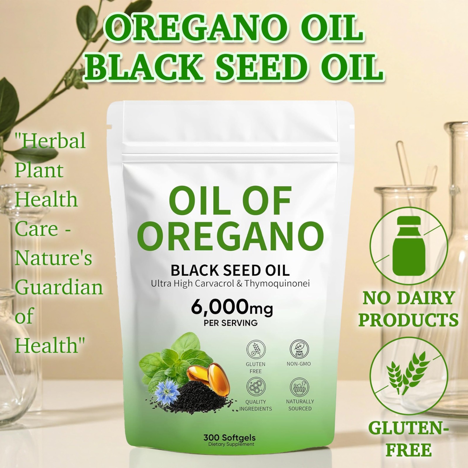 Oil of Oregano Softgels with Black Seed Oil & Thymoquinone, 300 Count, 6000mg, N