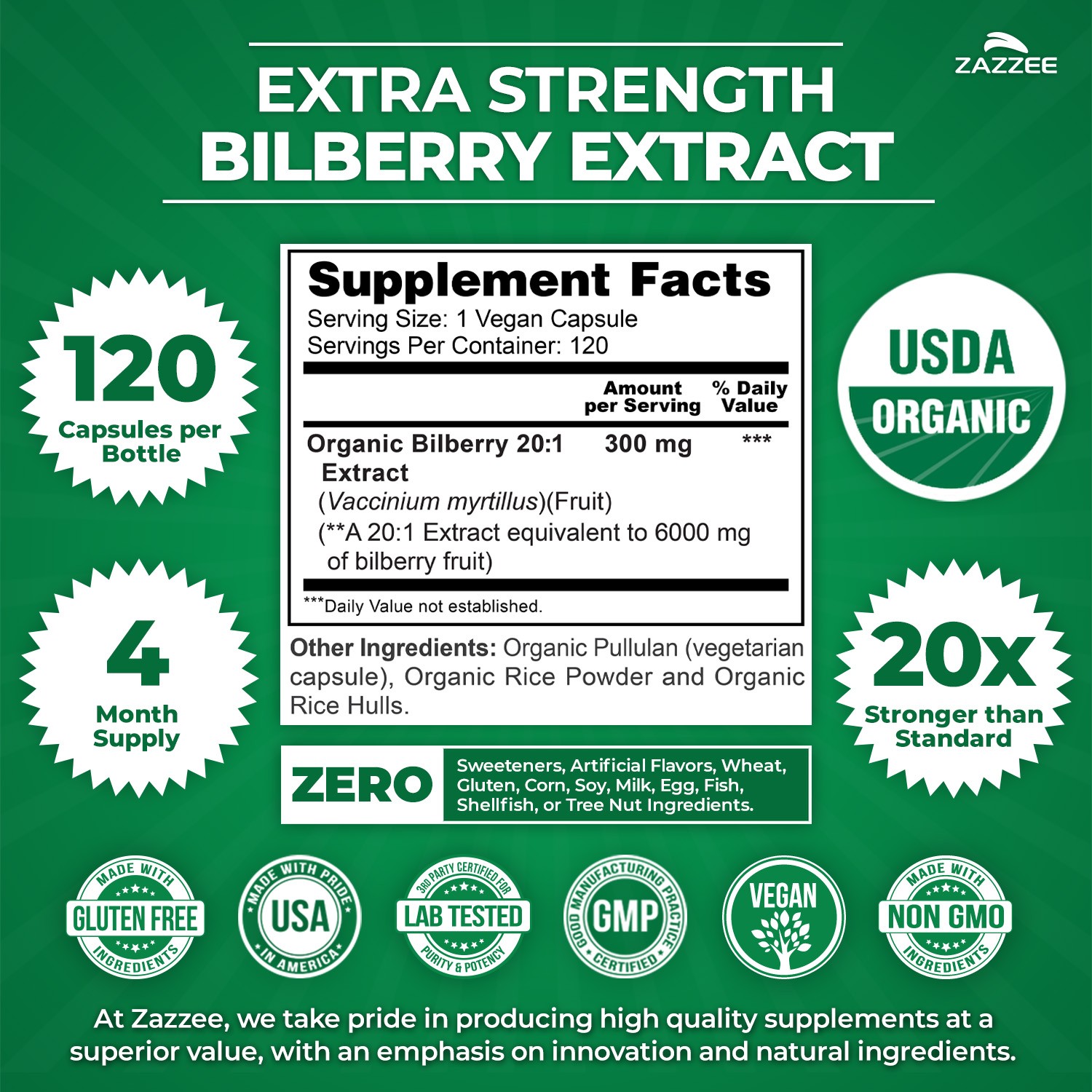 Zazzee USDA Organic Bilberry 20:1 Extract, 6000 mg Strength, 120 Vegan Capsules