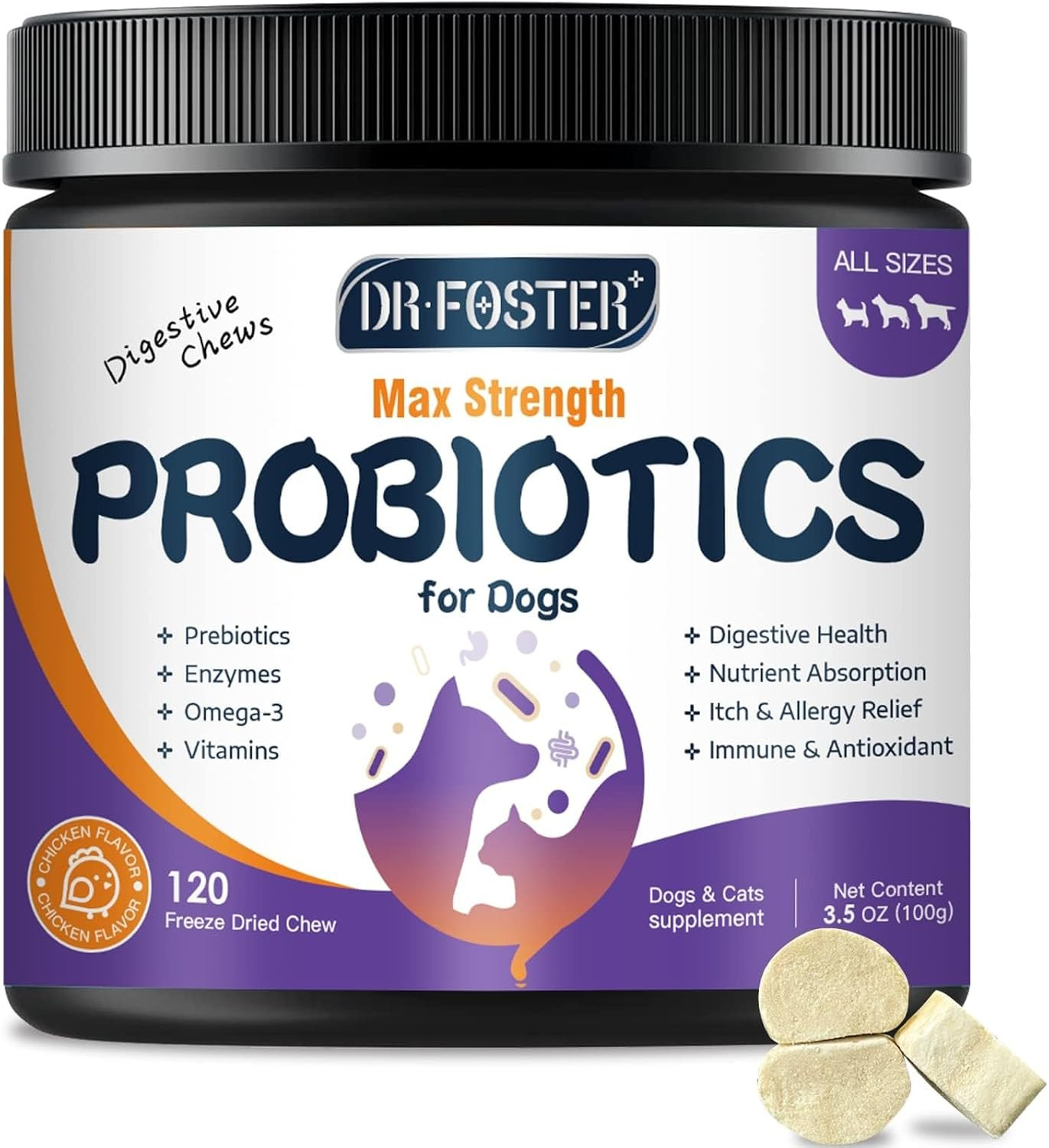 DRFOSTER Probiotics & Digestive Enzymes for Dogs, Freeze-Dried, 120 Bites | 3-In