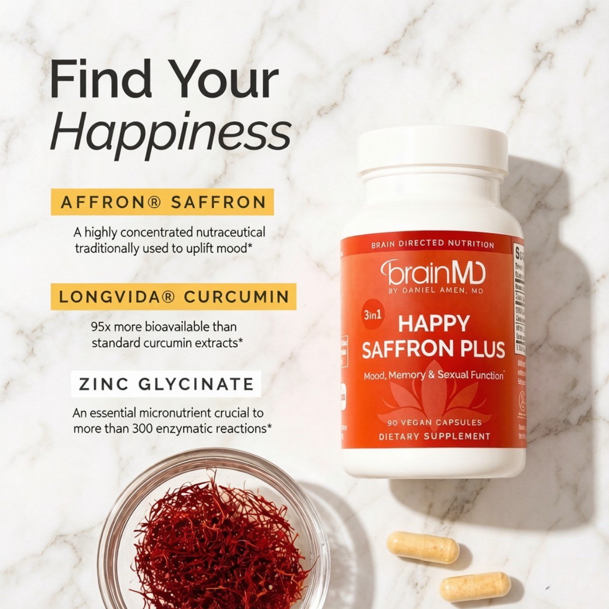 BrainMD Happy Saffron – Saffron & Curcumin for Mood & Memory, 90ct