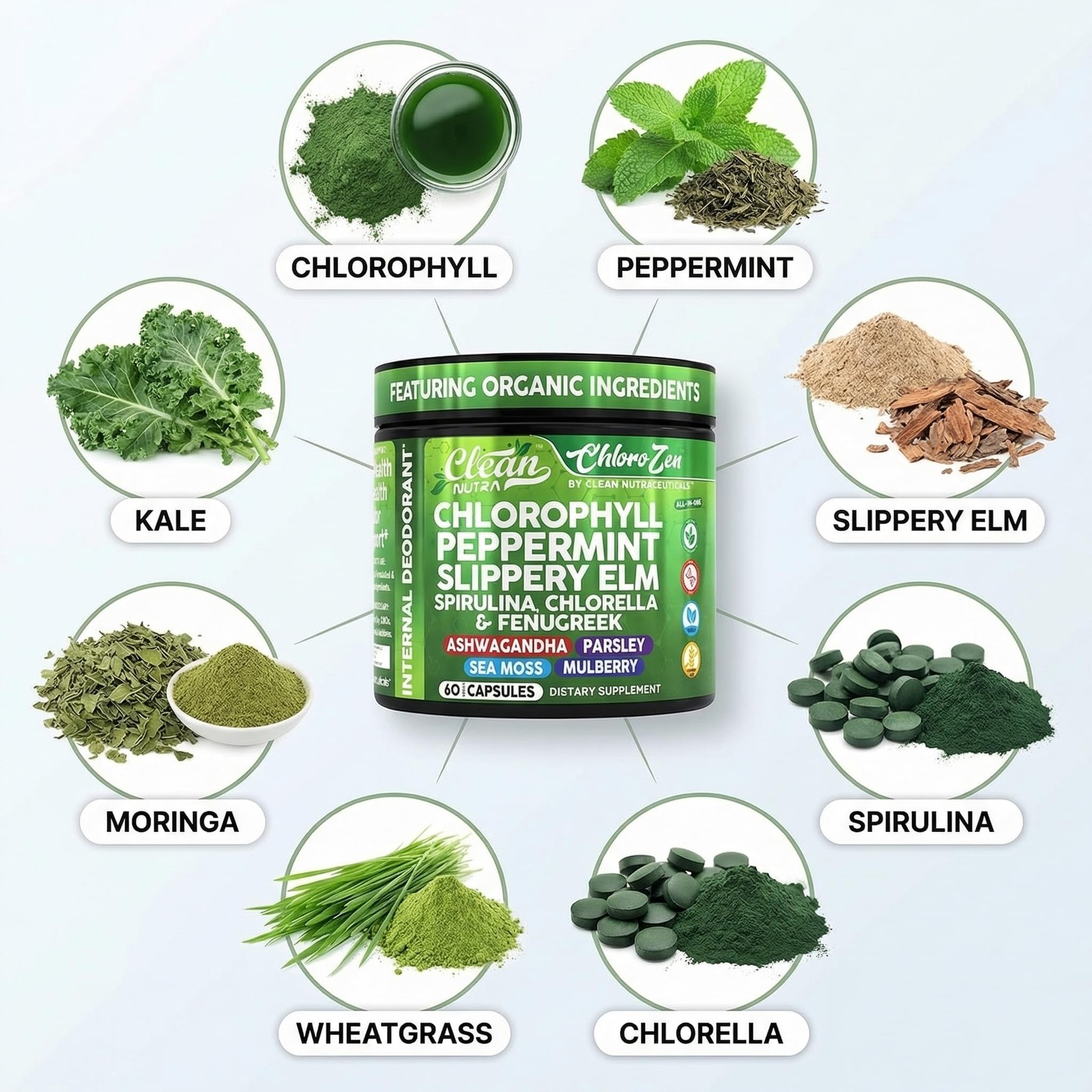 Clean Nutra ChloroZen Chlorophyll Peppermint + Spirulina 60 Caps Veg Exp 05/2028