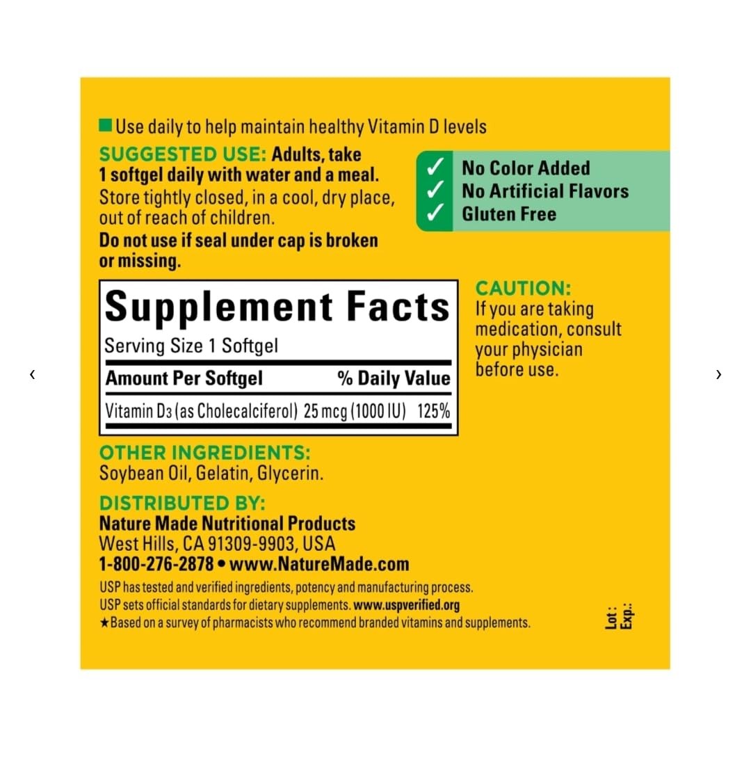 Nature Made Vitamin D3 1000 IU 300 Softgels Immune Bone Muscle Health Support