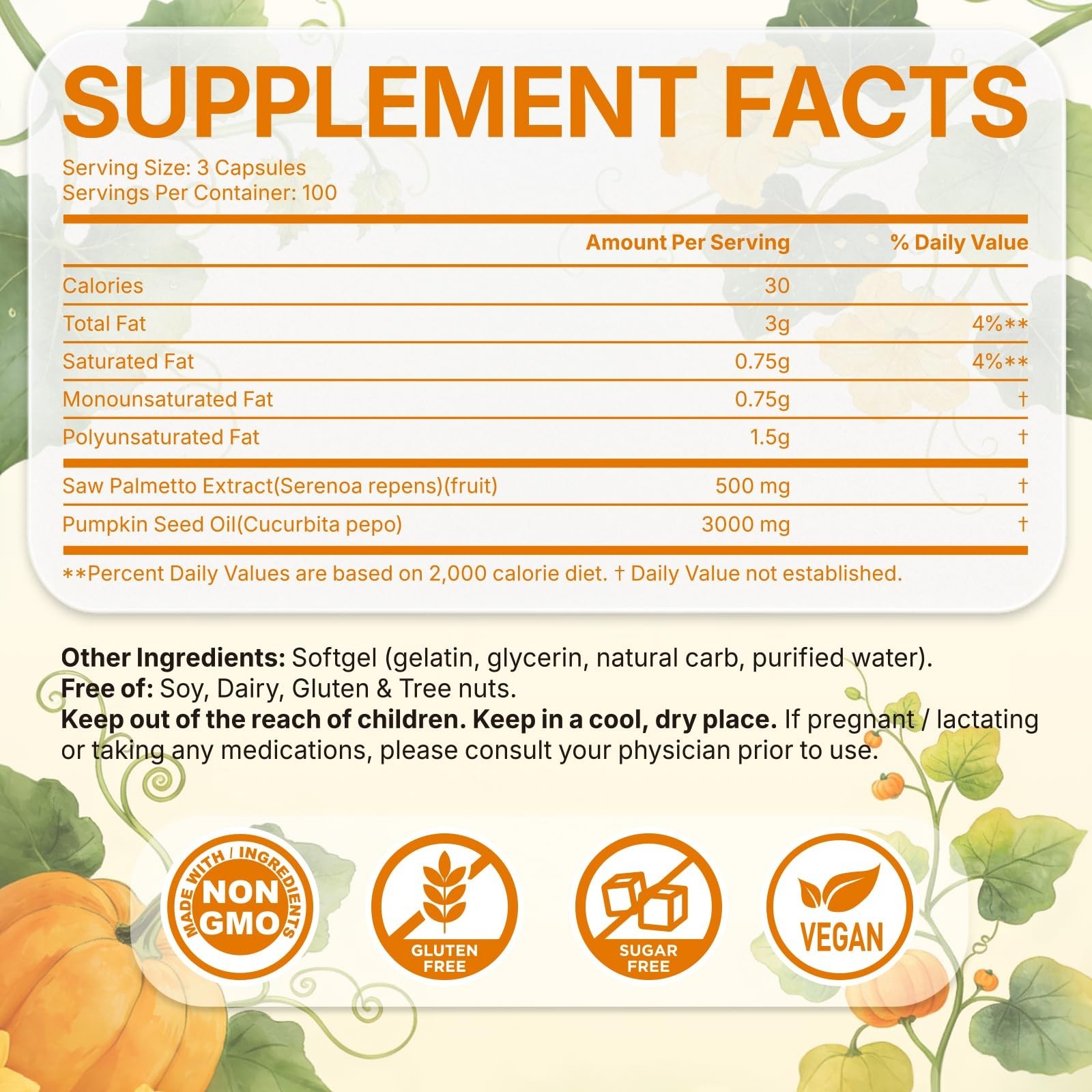Pumpkin Seed Oil & Saw Palmetto 300 Softgels – Cold Pressed Omega 6 & 9, Hair &