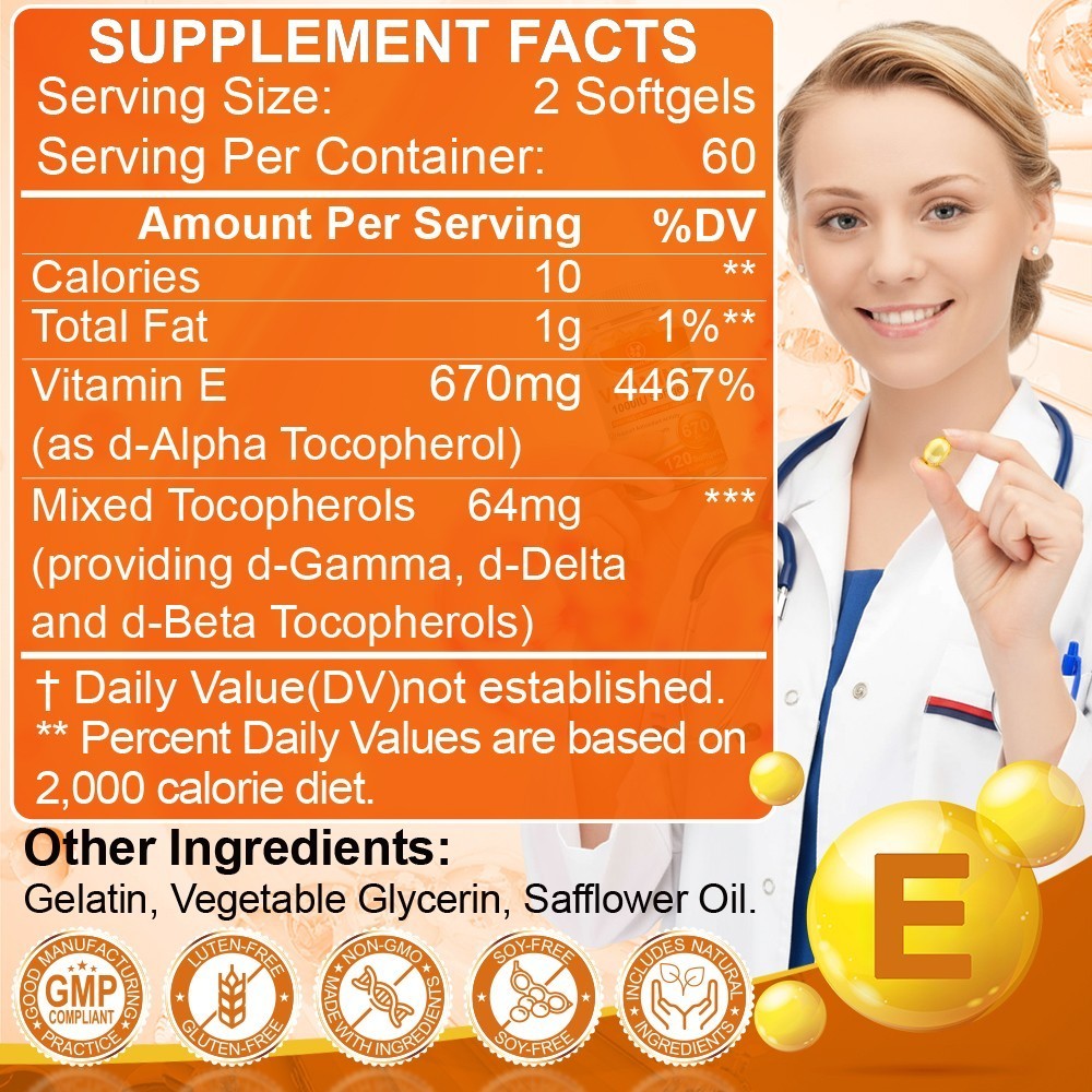 Vitamin E 1000IU Mixed Tocopherols Natural Antioxidant for Skin & Immune Support