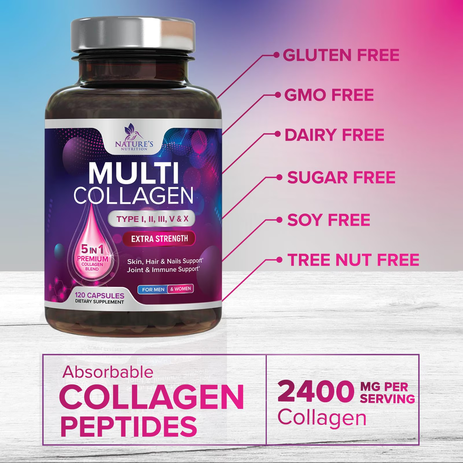 Collgen hydrolyzed Peptide 120 capsules Hair Skin Nails Wrinkles Capsules
