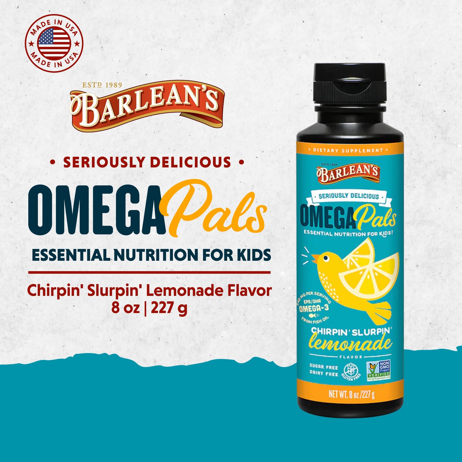 Barlean’s Omega Pals Chirpin’ Slurpin’ Lemonade Flavored 8 Ounce (Pack of 1)