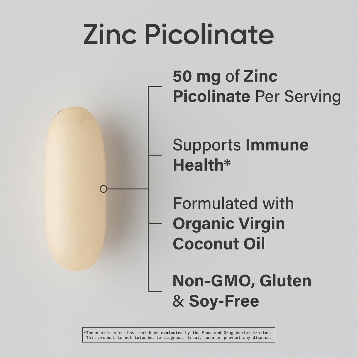 Zinc Picolinate 50mg Organic Coconut Oil Absorbable Immune Support Non-GMO 60ct