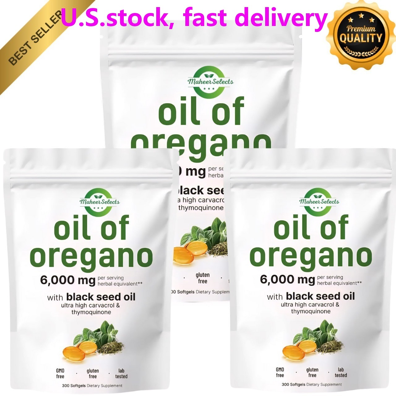 3 Pack Oil of Oregano 6000mg Black Seed Oil 900 Softgels Immune Digestive Carvac