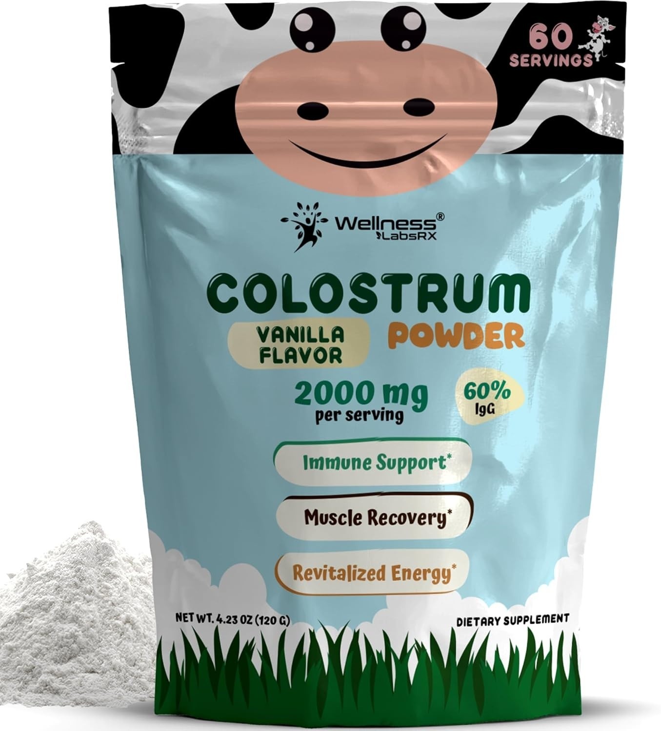 Colostrum Powder 2000mg 60% IgG Grass-Fed Vanilla Flavour Calostro Bovino Powder