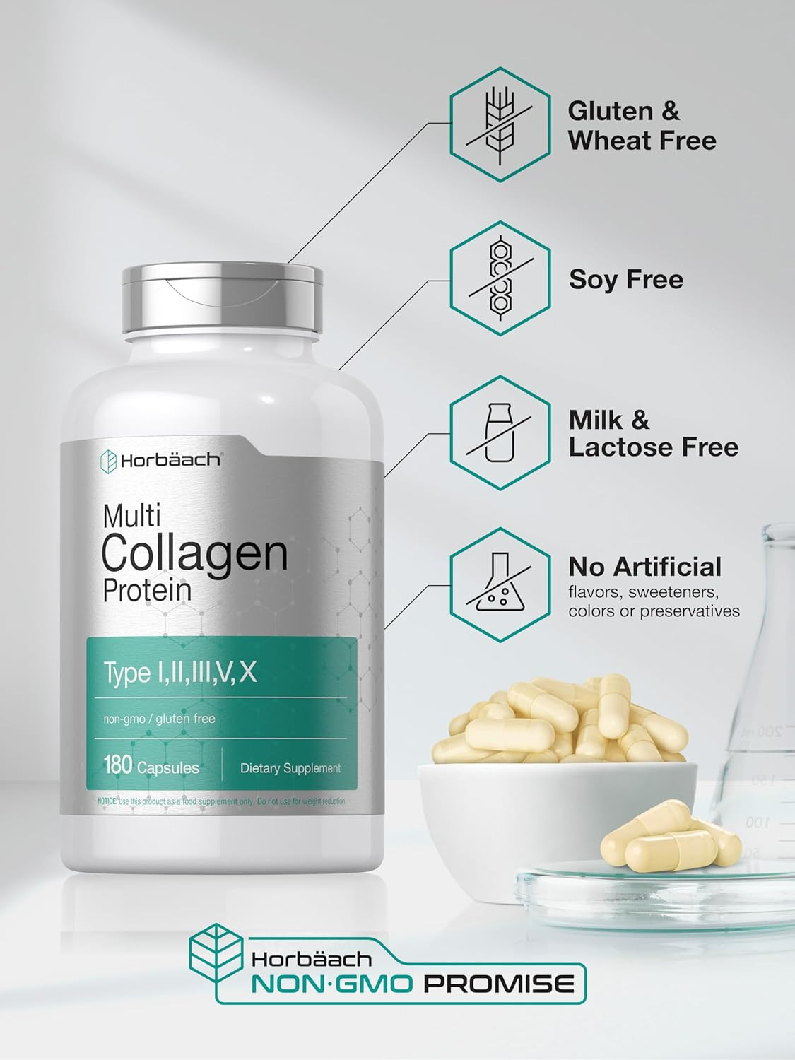 Multi Collagen Protein 2000 Mg | 180 Capsules | Hydrolyzed Collagen Type I, II,