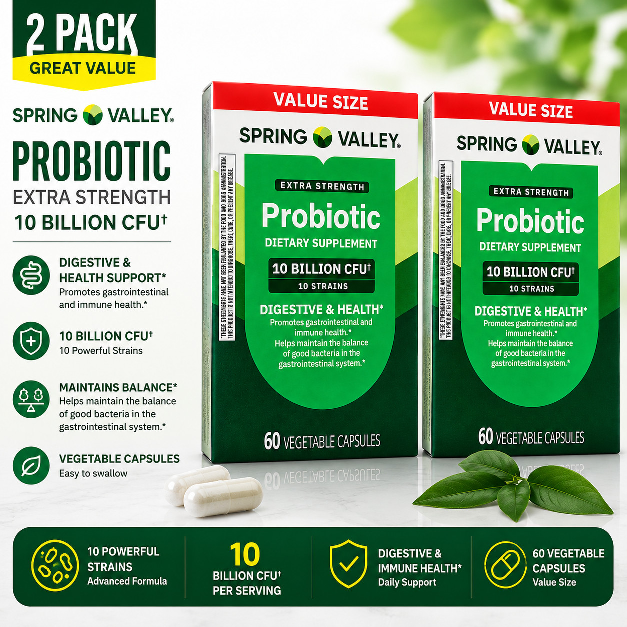 Spring Valley Extra Strength Probiotic 10 Billion CFU 2 Pack 60 Capsules