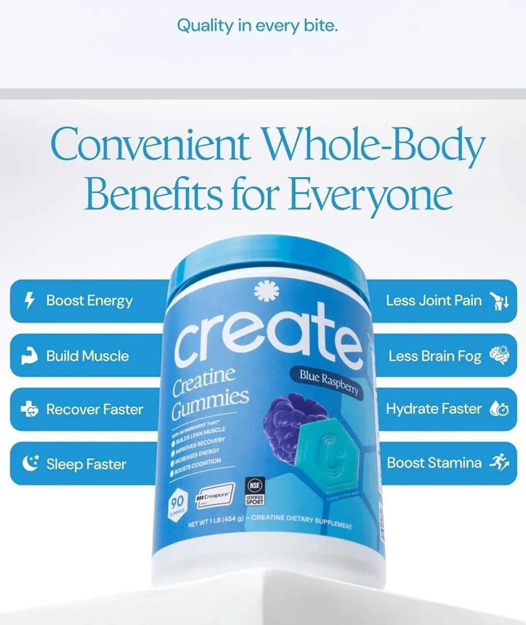 Create Creatine Monohydrate Gummies for Men & Women: Strength, Blue Raspber 90ct