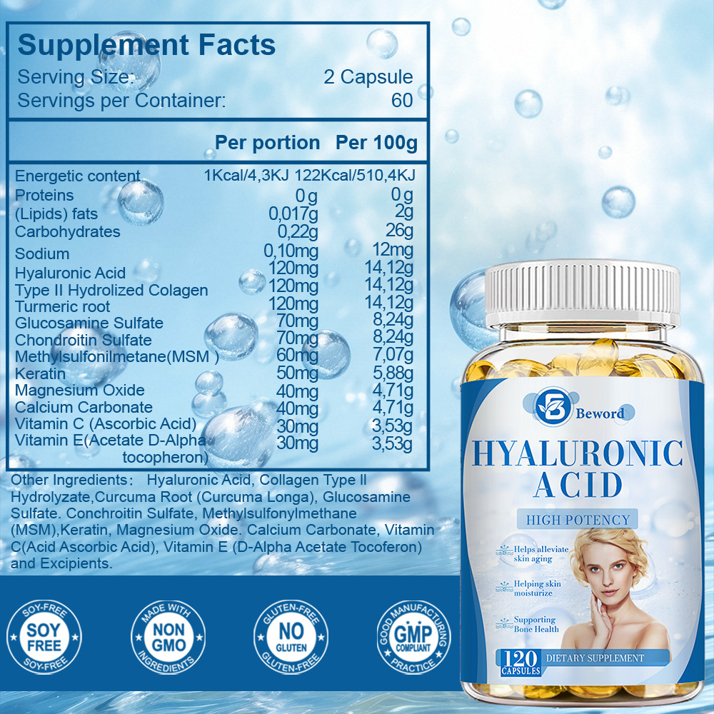 Hyaluronic Acid Capsules With Turmeric | 120 Capsules | Non-GMO & Gluten Free-