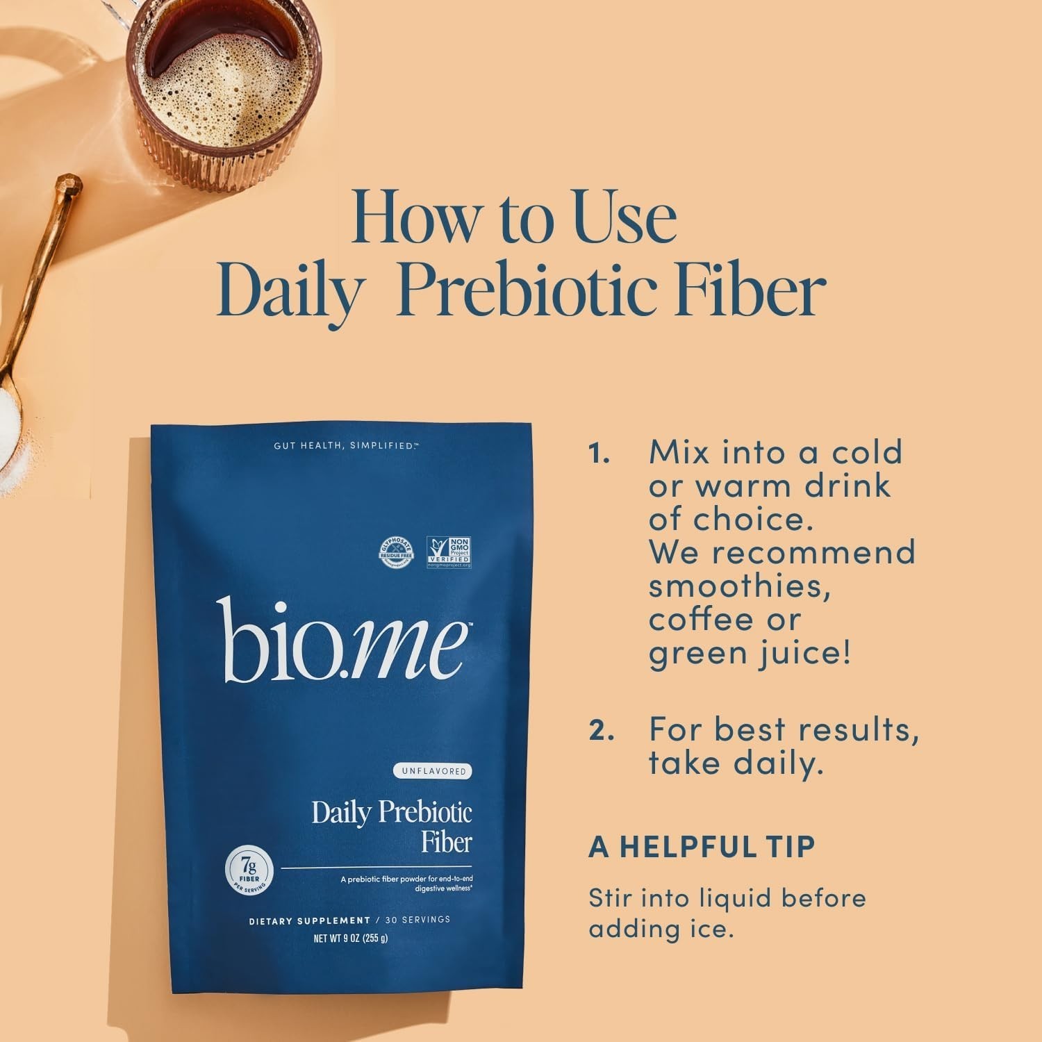 Bio.me Daily Prebiotic Fiber Powder – Unflavored | 7g Fiber Per Serving | 30 Ser