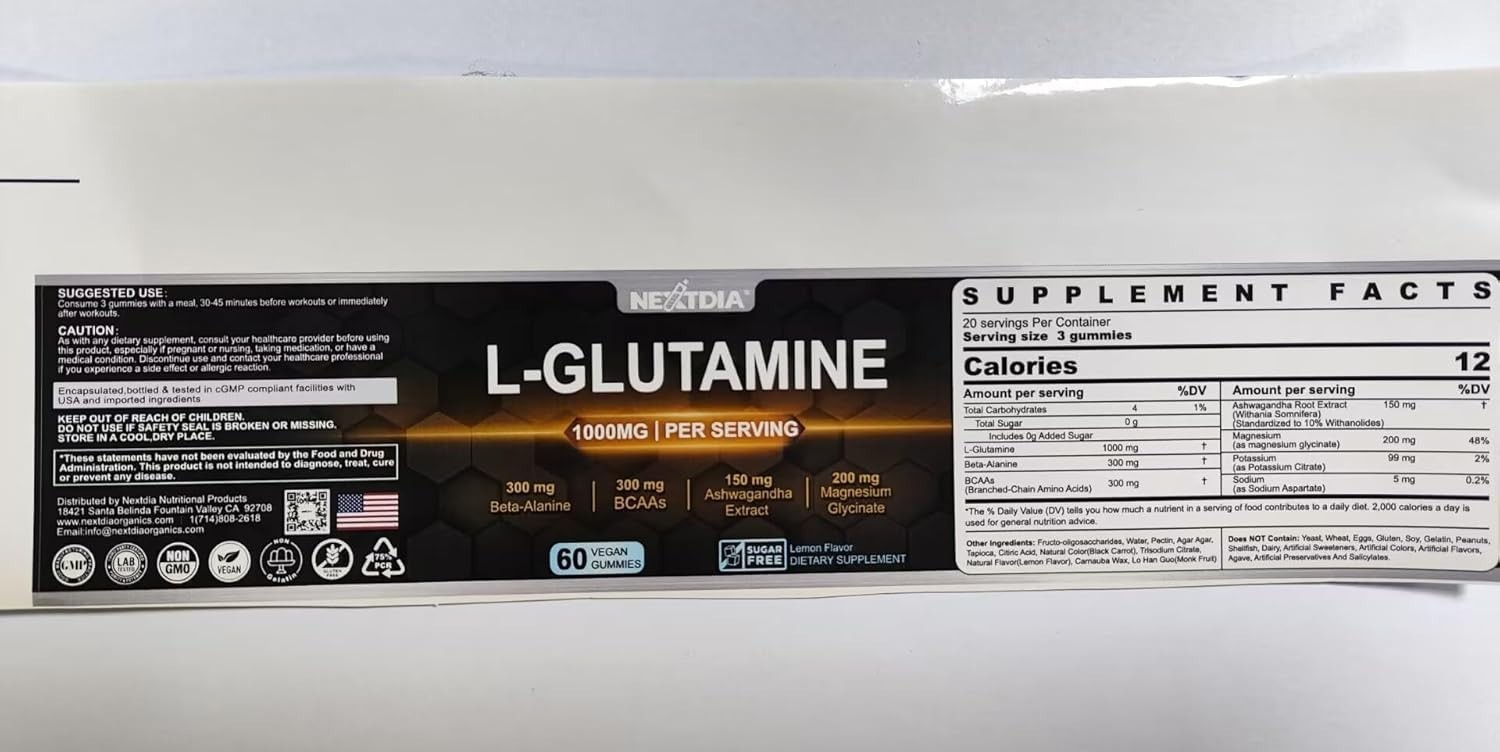 Nextdia L-Glutamine 1000mg Exercise Gummies Promotes Muscle Recovery and Growth,