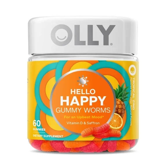 OLLY Hello Happy Gummy Worms, Mood Support, Vitamin D, Saffron, 60 Count