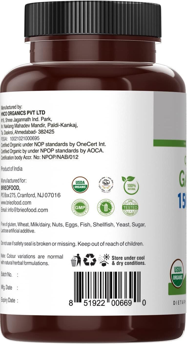 Organic Garlic 1500Mg, 45 Servings, Vegetarian, Gluten Free, 90 Vegetarian Table
