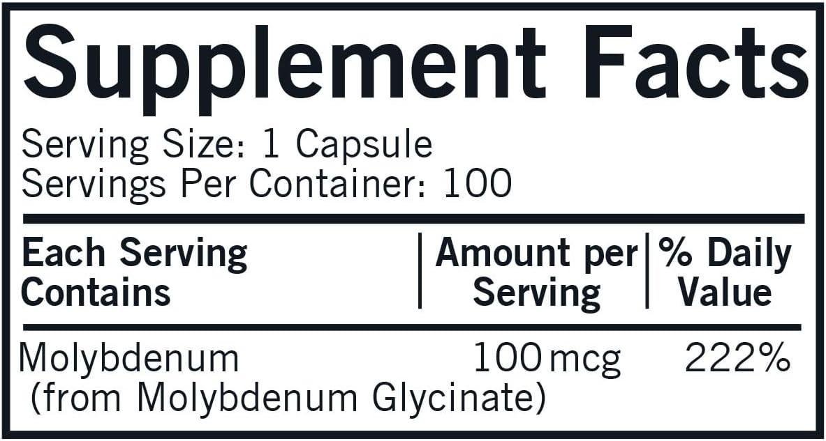 Molybdenum Capsules 100 mcg – 100 Count – Ultra Tested & Hypoallergenic
