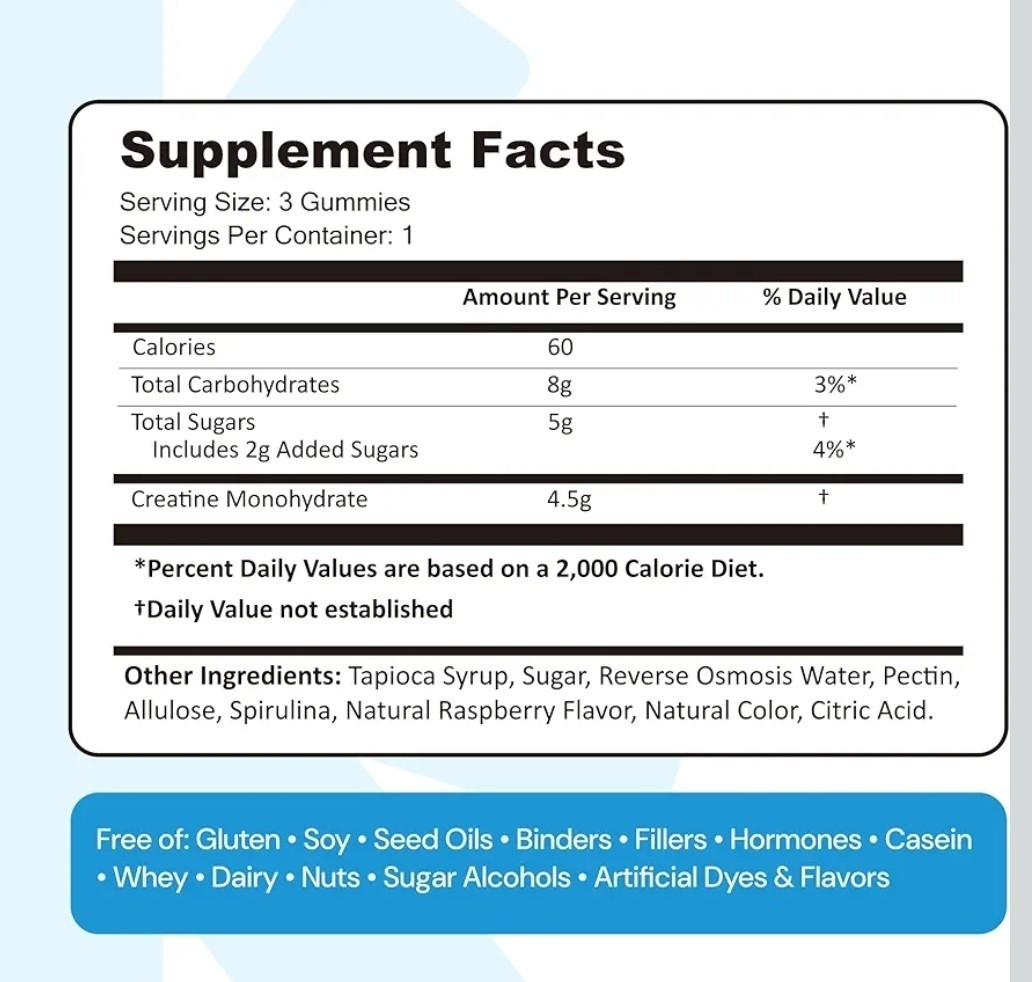 Create Creatine Monohydrate Gummies for Men & Women: Strength, Blue Raspber 90ct