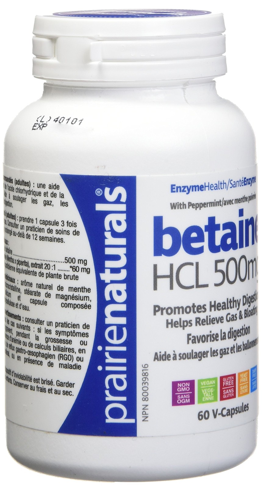 Prairie Naturals Betaine Hcl Vegetarian Capsules 60 Count