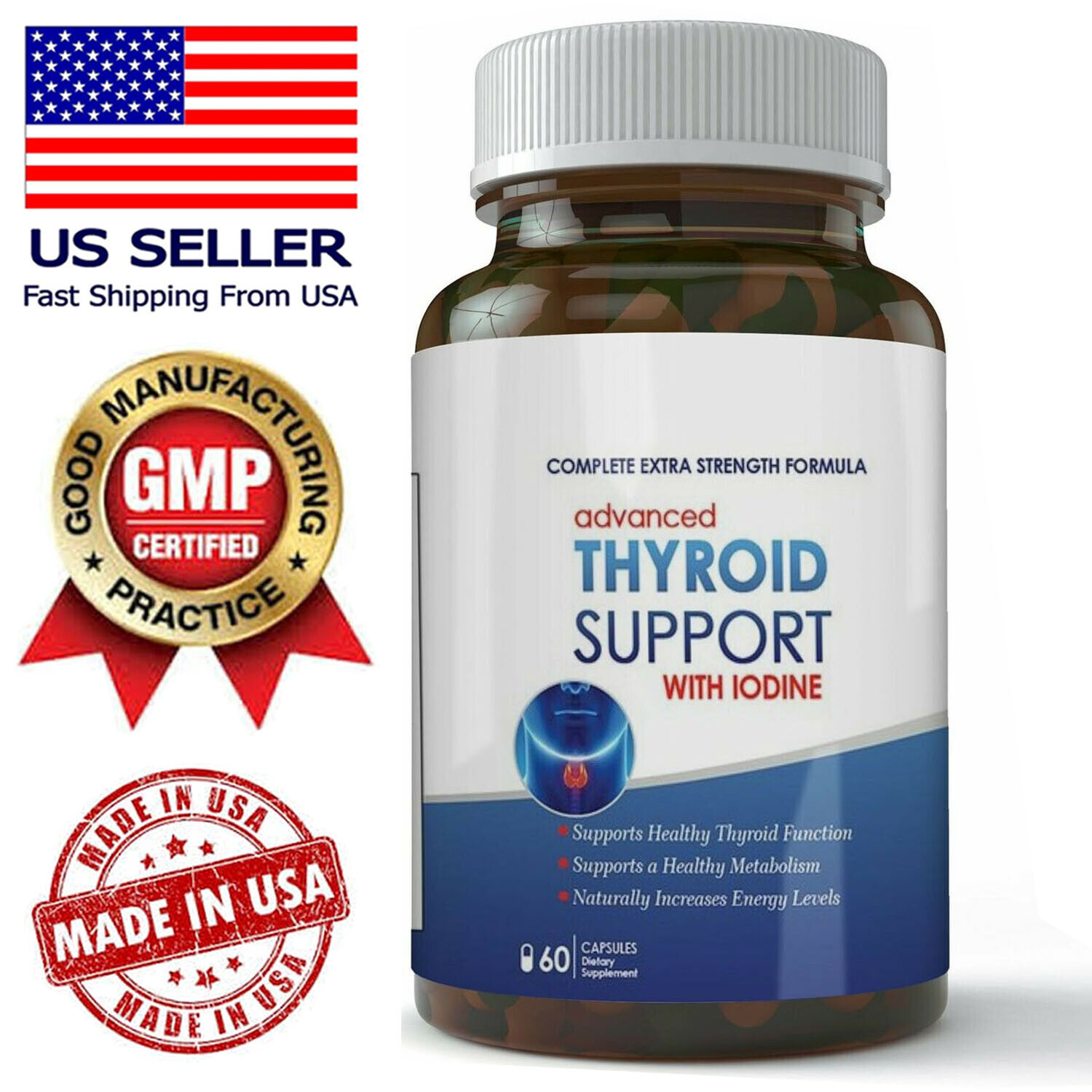Advanced Thyroid Support Supplement with Iodine Dietary 60 Caps Free Shipping