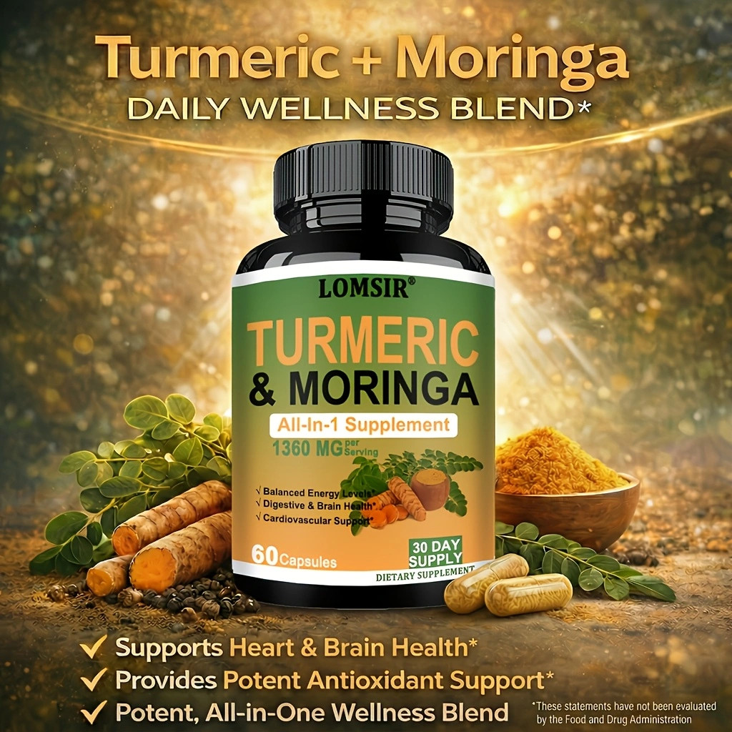 Moringa + Turmeric Curcumin Supplement for Gut Health, Energy – 60 Capsules