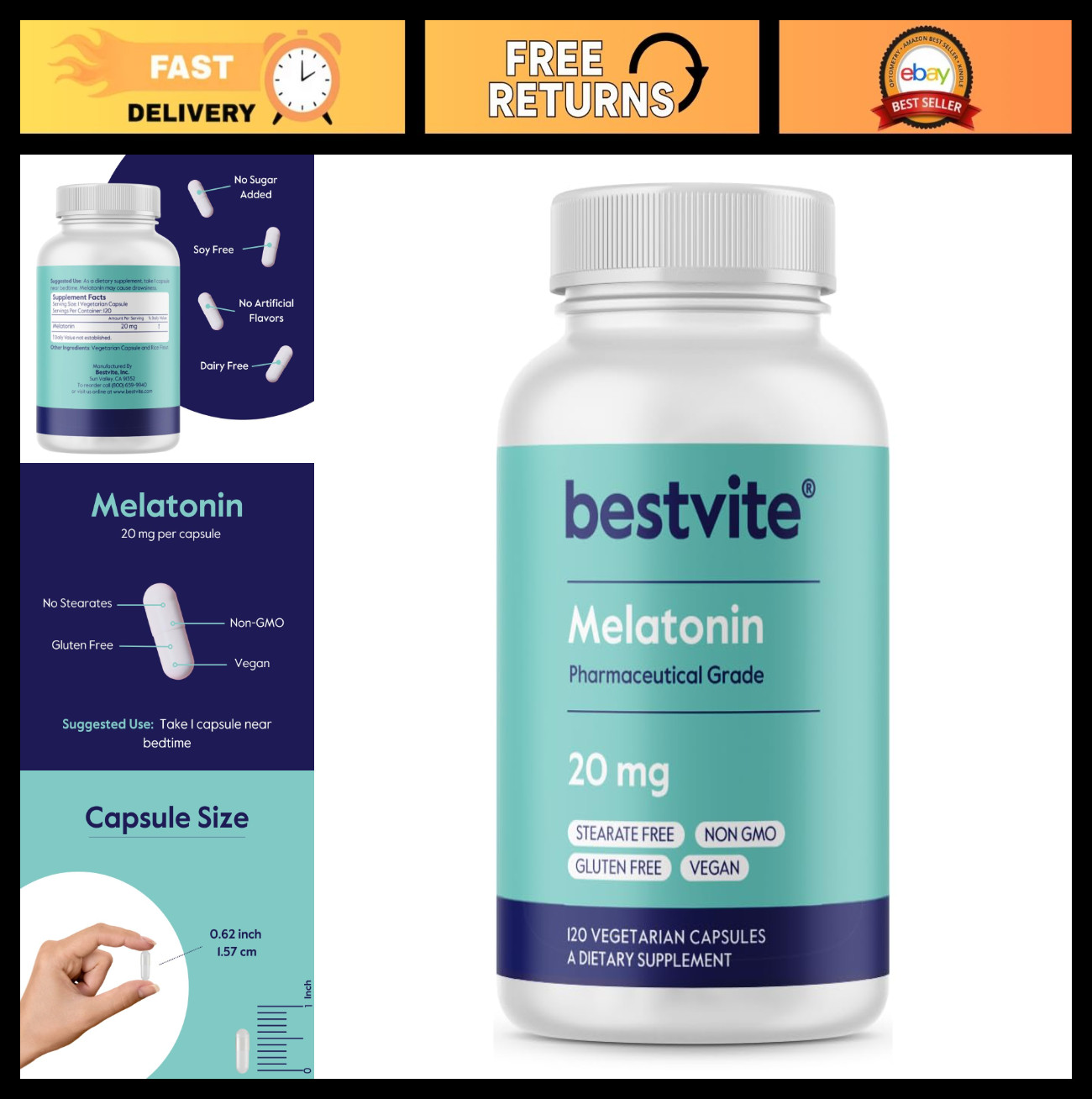 High Dose Melatonin 20mg – 120 Vegan Capsules – Non-GMO, Gluten-Free, Sleep Aid
