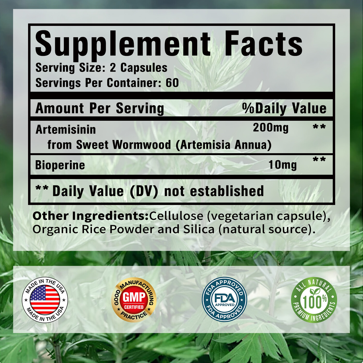 120pcs Artemisinin 100mg-Sweet Wormwood,BioPerine-Gut Health,NON-GMO,Gluten-Free