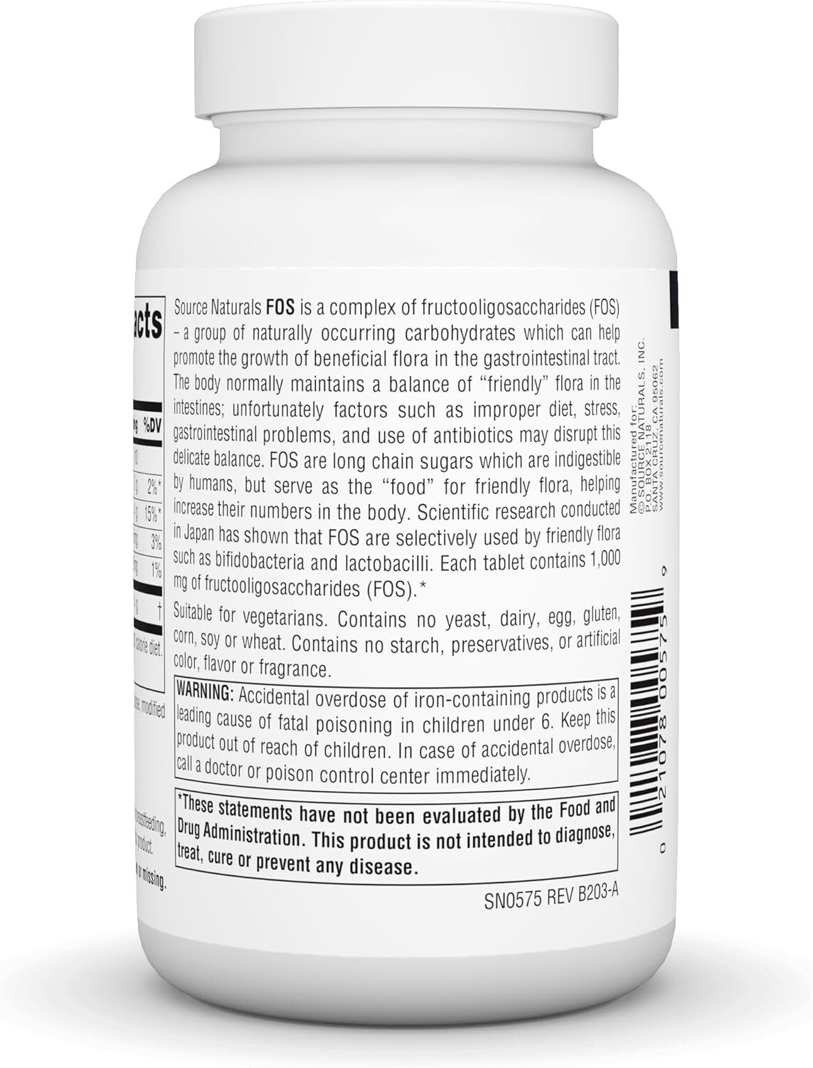 Source Naturals FOS Fructooligosaccharides 100 Tablets Dairy-Free, Egg-Free,