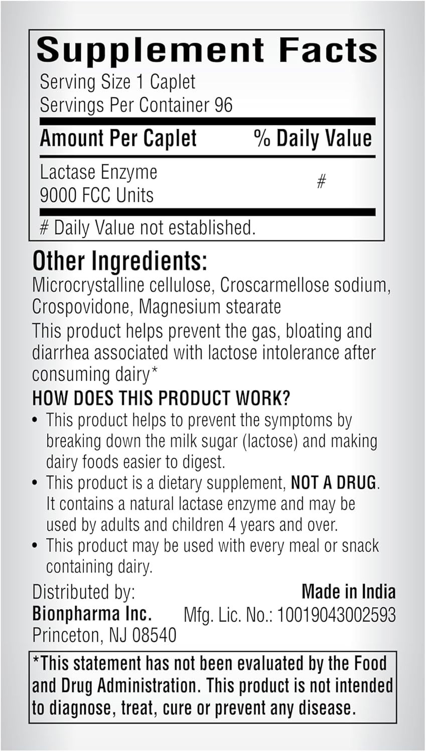 Dairy Relief Lactase Enzyme 96 Count, 9000 Caplets, Fast Acting, Dye-Free, D…