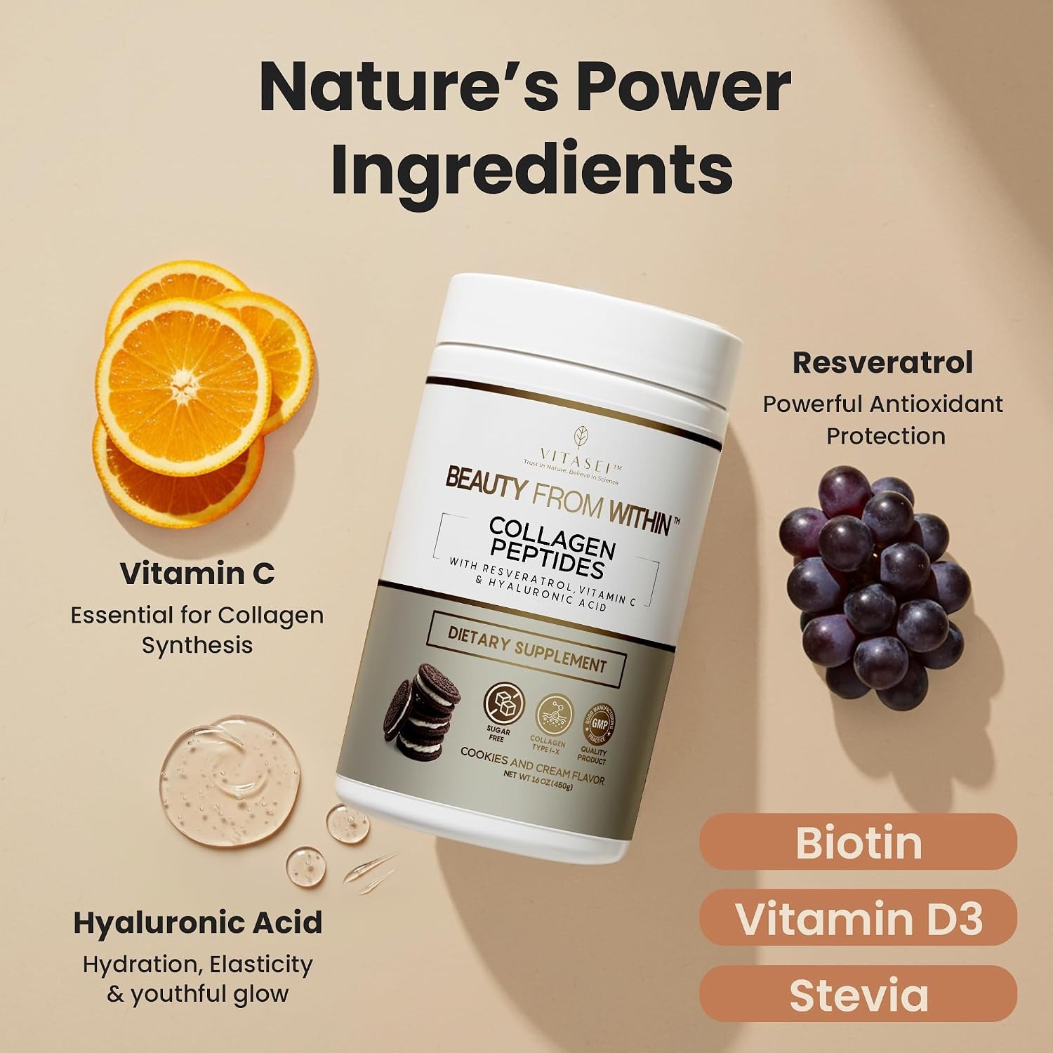 VITASEI Hydrolyzed Collagen Peptides Resveratrol Cookies & Cream 16oz BB 1/2028