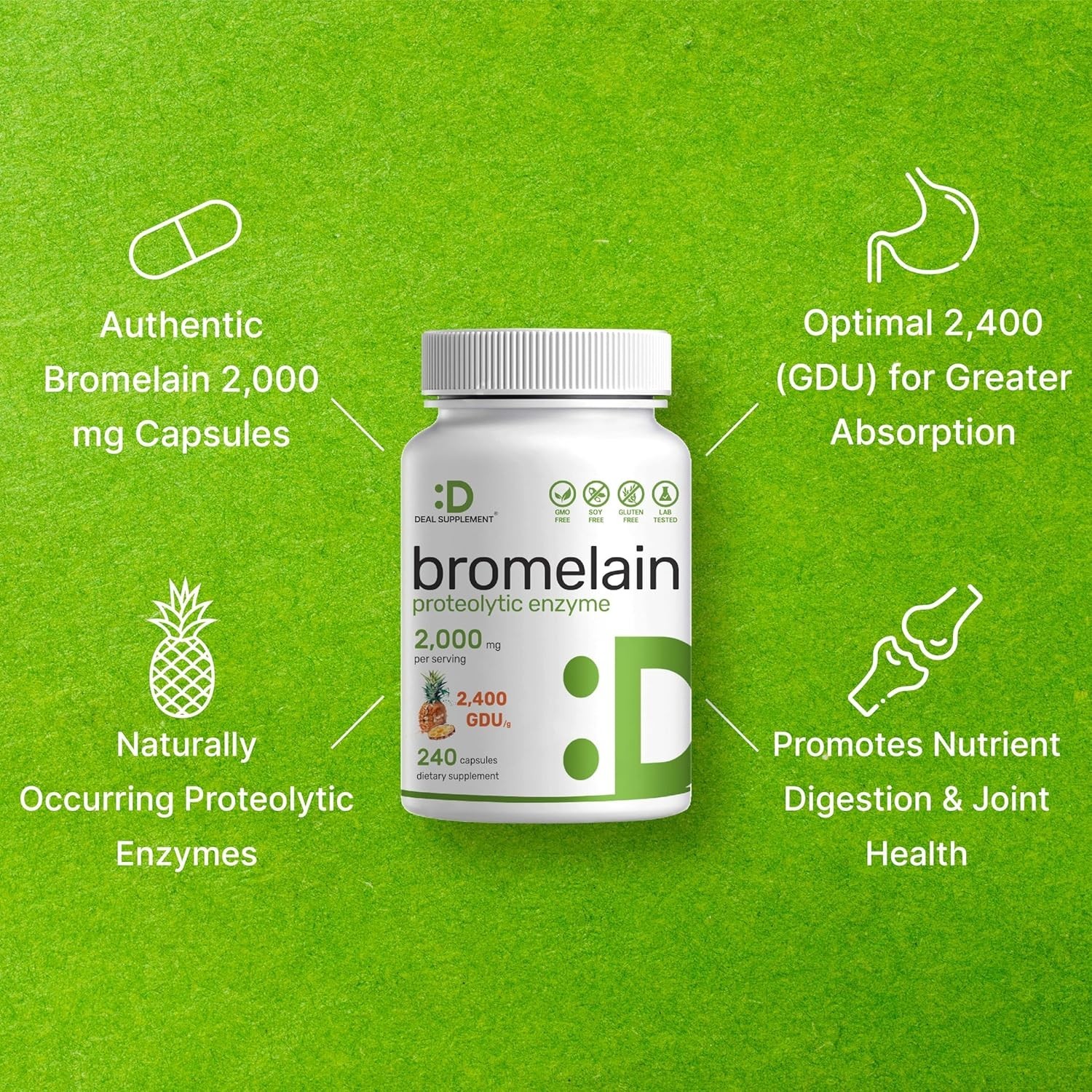 Bromelain Supplement 2000mg | Digestive Enzyme Support | 240 Capsules | Non-GMO
