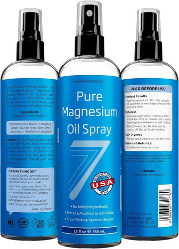 Seven Minerals Pure Magnesium Oil Spray, Big 12oz, USP Grade, Extra…