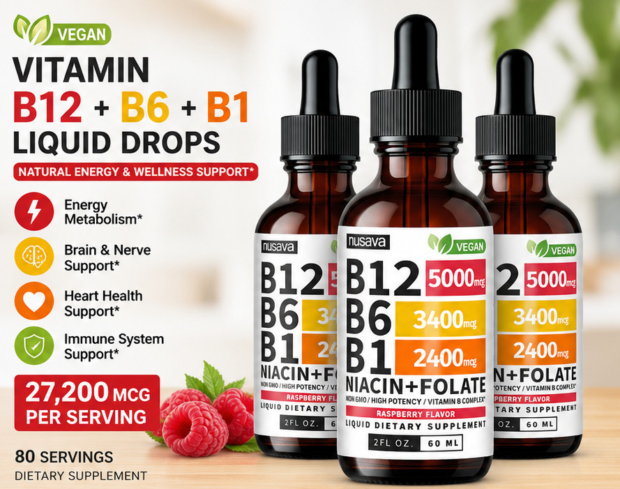 3 Pack Vitamin B Complex Liquid Drops, Raspberry Flavor Daily Nutrient Supports