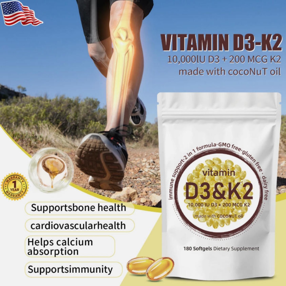 Micro Ingredients Vitamin D3 K2 With Coconut oil,300 Softgels Dietary Supplement