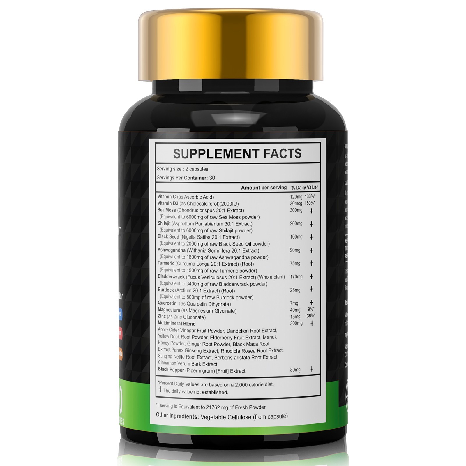 Sea Moss, Black Seed Oil, Ashwagandha, Turmeric Ginger Shilajit Burdock 60 caps