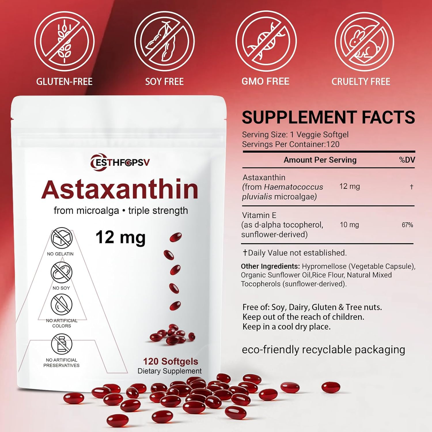 Astaxanthin 12mg 240 Softgels, 4 Month Supply,Triple Strength,Non-GMO,Eye Health