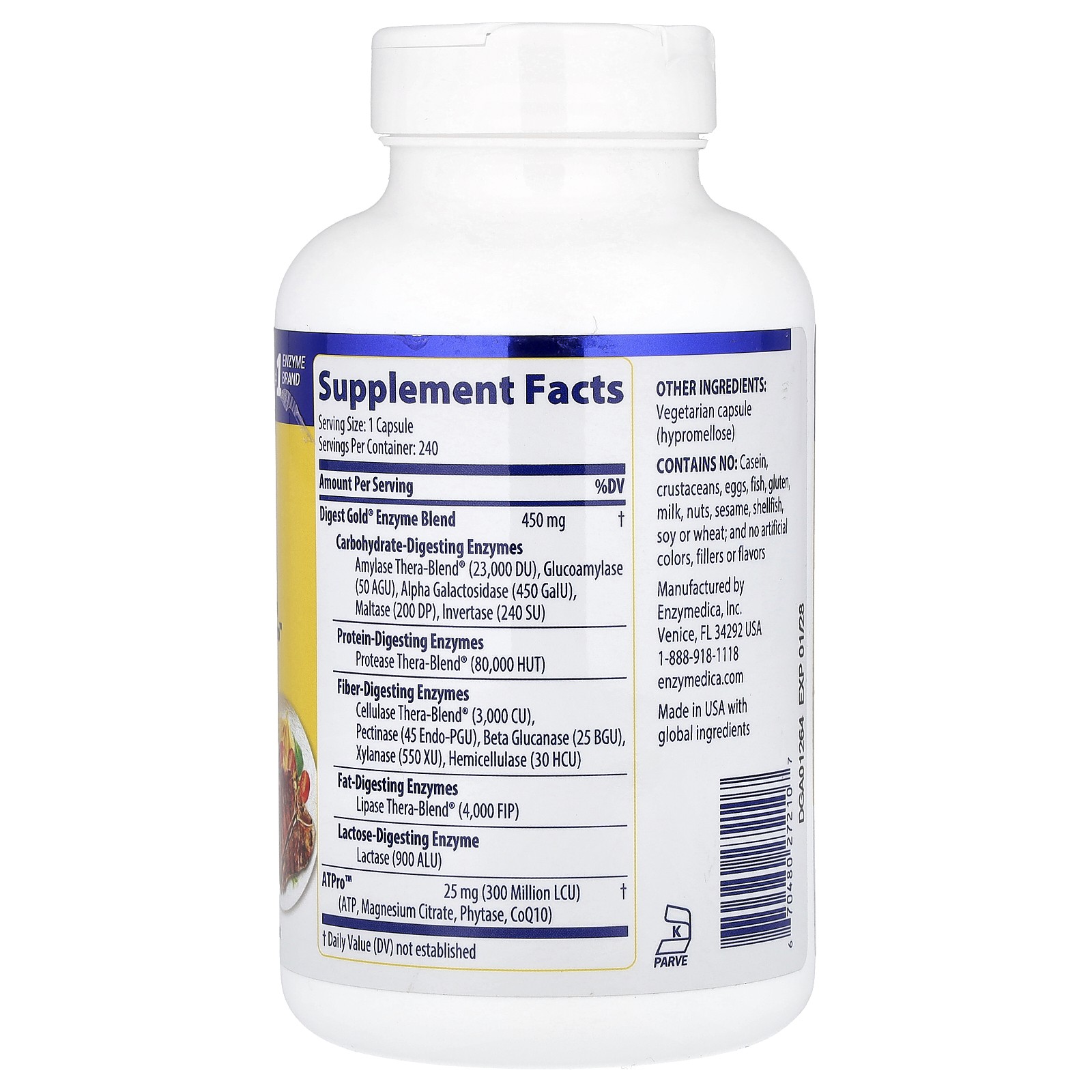 Enzymedica Digest Gold with ATPro 240 Capsules Casein-Free, Dairy-Free,