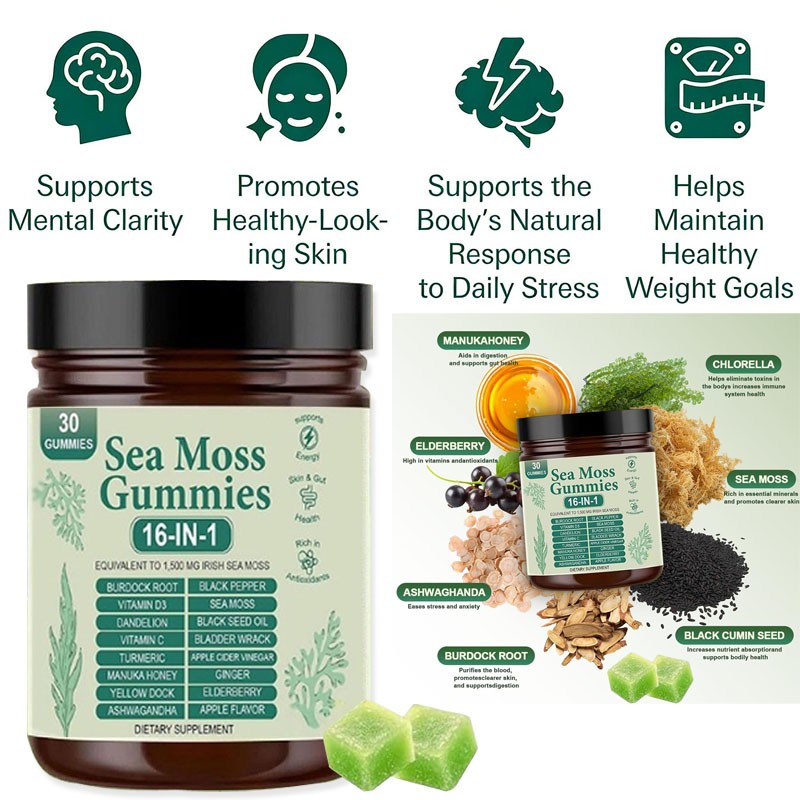 Sea Moss Gummies 16-in-1, Sea Moss mix with Black Seed Oil-Green Apple Flavor