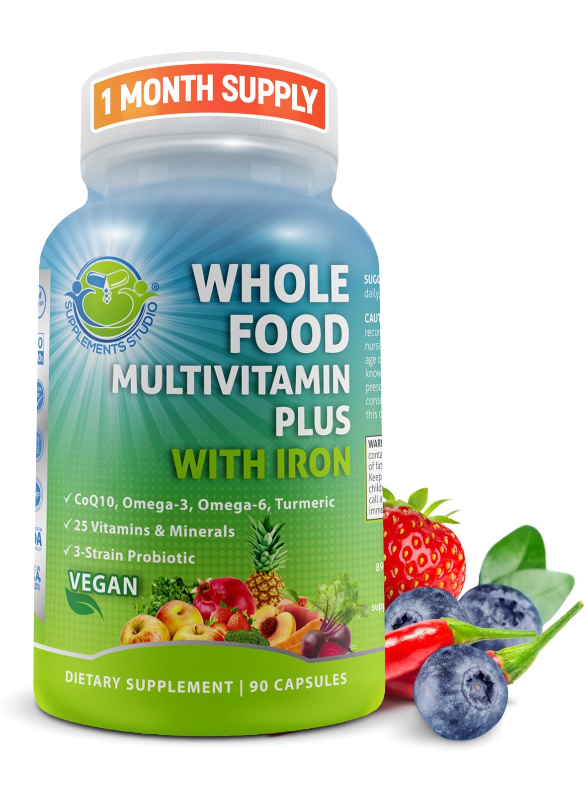 Vegan Whole Food Multivitamin w/ Iron Methylated B-Complex CoQ10 Turmeric 90