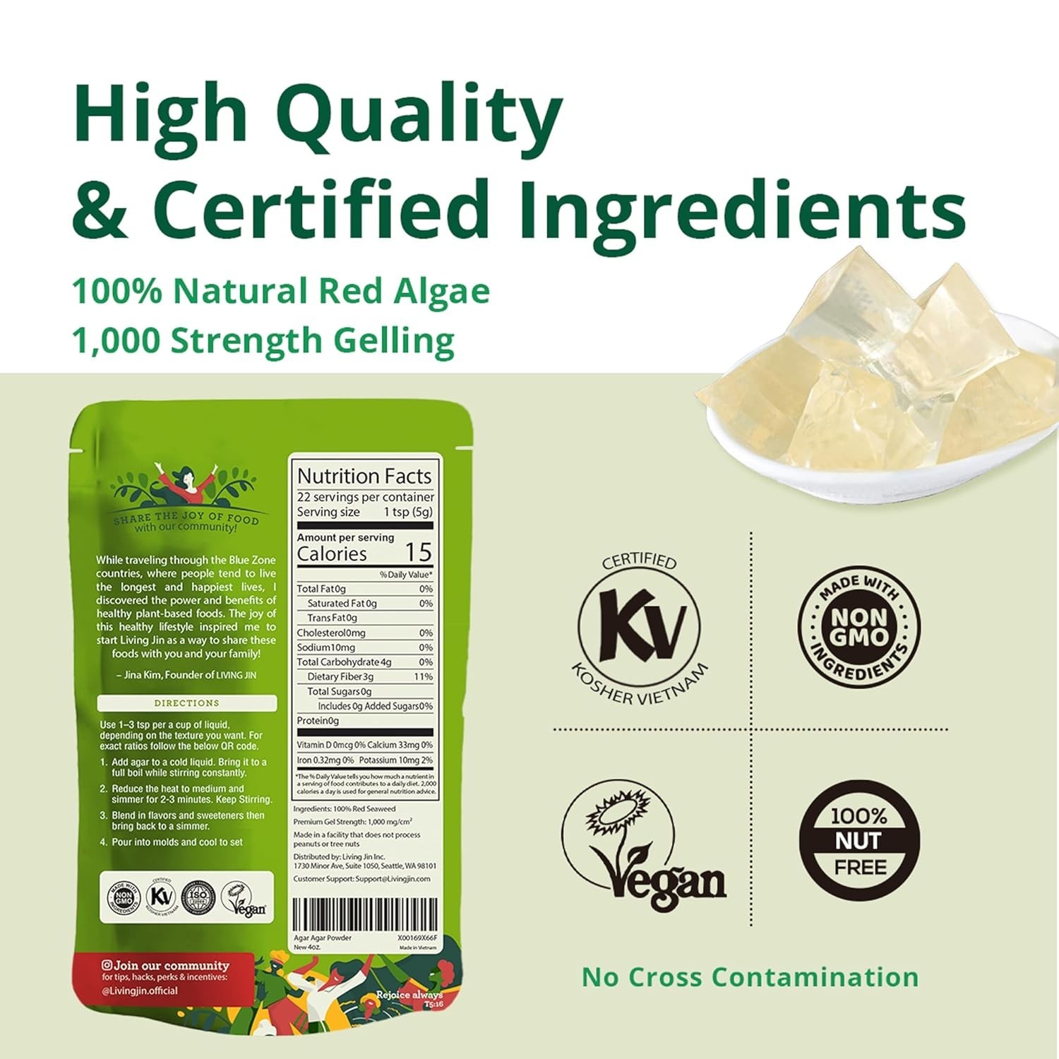 Agar Agar Powder 4 oz – Kosher, Vegan Gelatin, Sugar-Free, Natural Red Algae