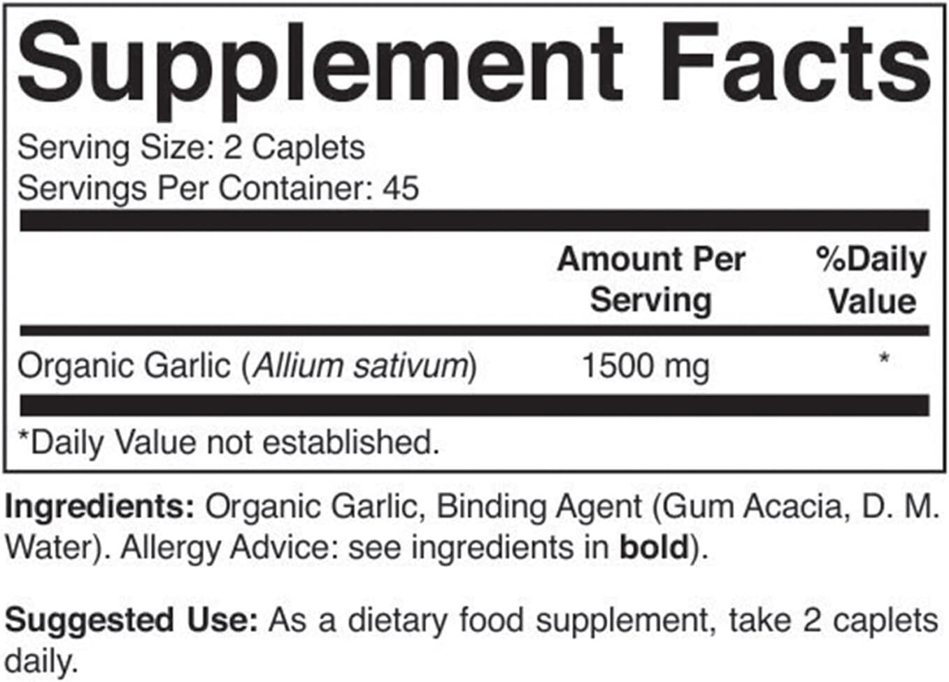 Organic Garlic 1500Mg, 45 Servings, Vegetarian, Gluten Free, 90 Vegetarian Table