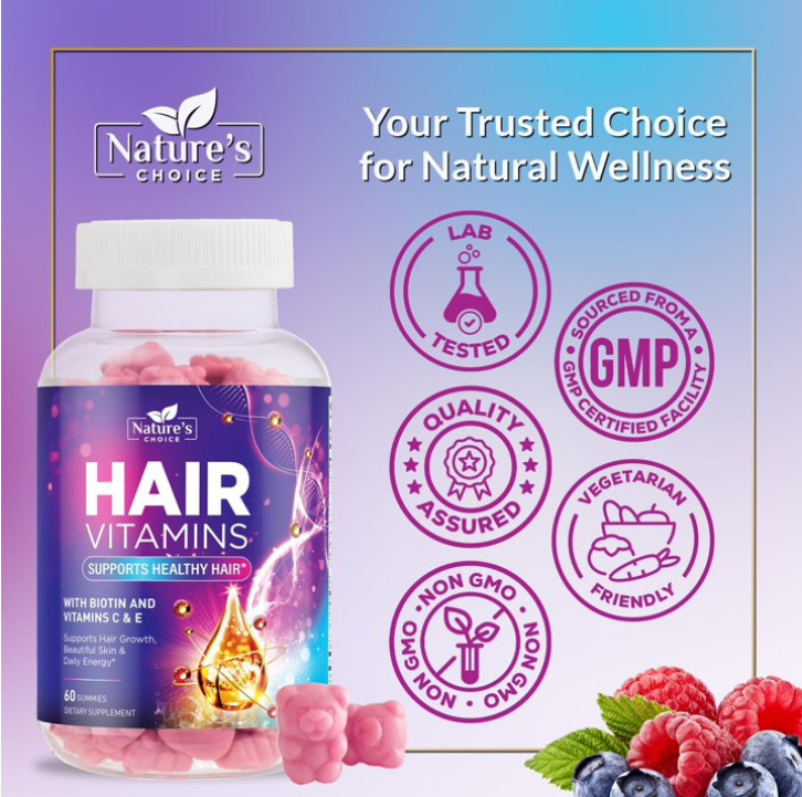 Hair Gummies 5000mcg Biotin Vitamins C & E for Healthy Hair, Skin, & Nails